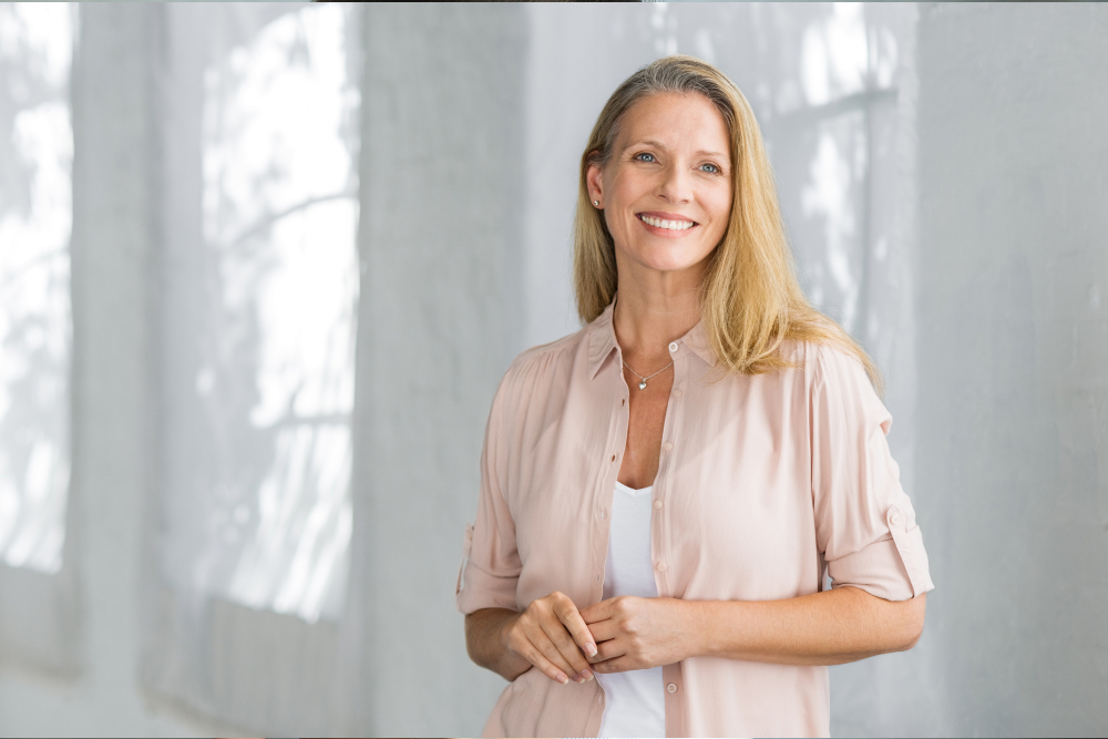 mature blonde woman smiling