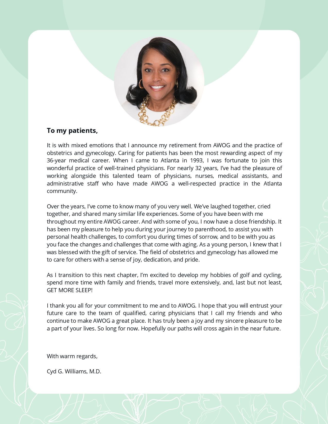 Cyd G. Williams, MD Retirement Announcement - Atlanta Women's ...