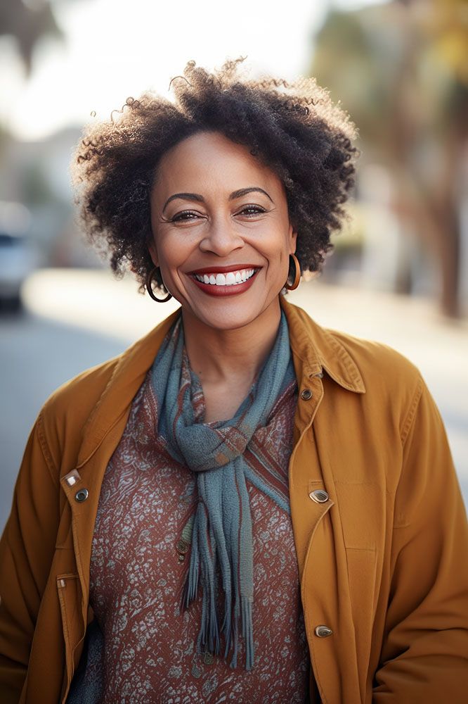 A woman with curly hair smiles brightly while standing outdoors. She wears a brown patterned top, a mustard-colored jacket, hoop earrings, and a blue scarf. The background is softly blurred with sunlight.