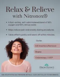 Smiling woman with closed eyes in front of a purple background. Text reads: Relax & Relieve with Nitronox® and lists benefits and procedures. Atlanta Womens Obstetrics & Gynecology logo is at the bottom.